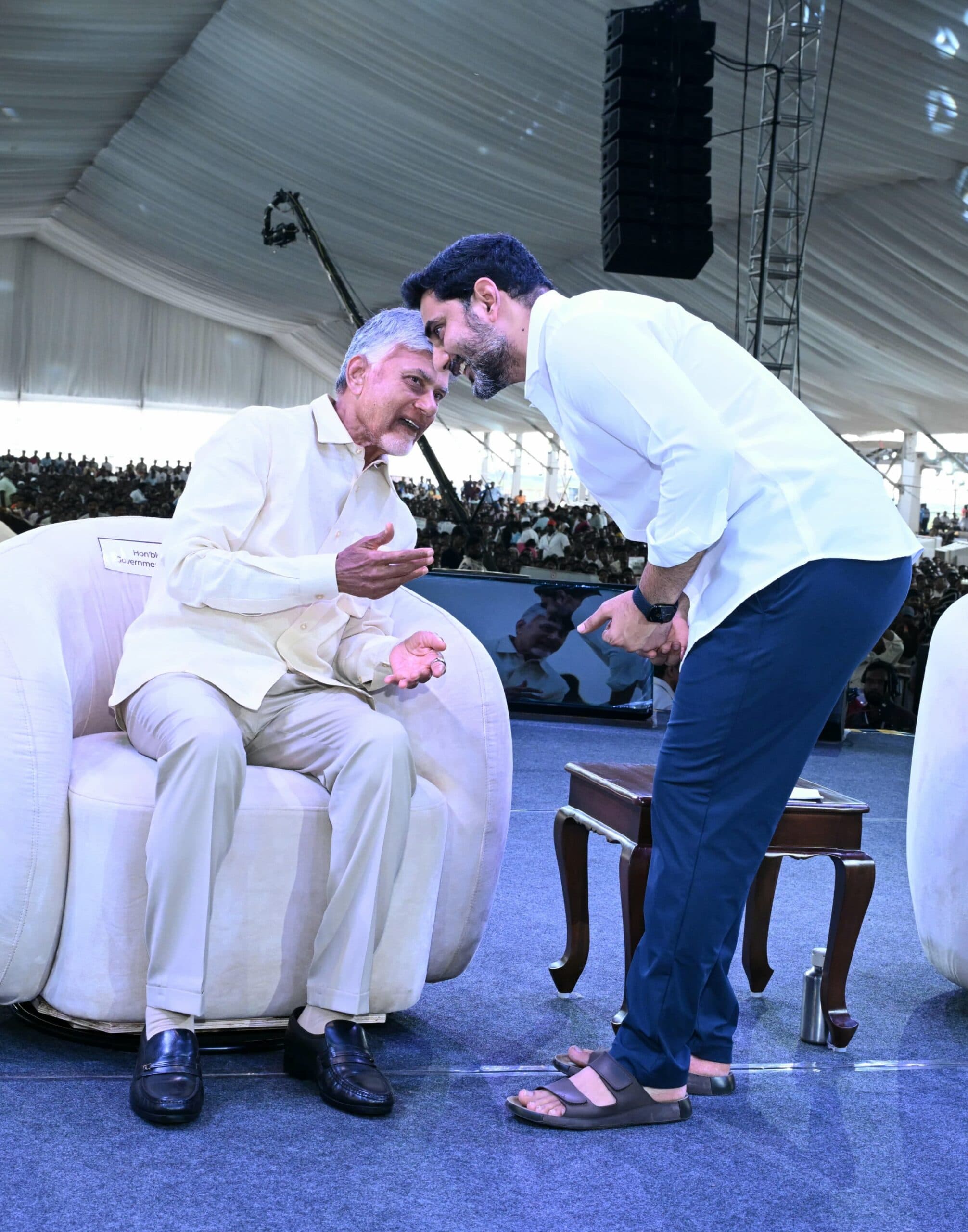 Pic Talk: Smiles All Around as Babu and Lokesh Share a Candid Moment at DSC Utsav
