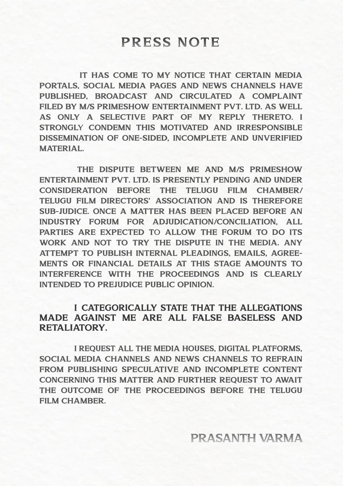 Prasanth Varma Responds to Allegations