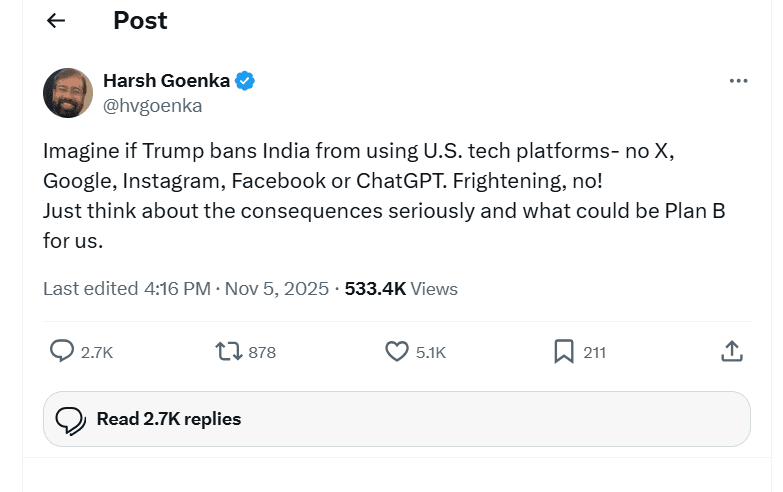 Are Google, Instagram, Facebook, and X Getting Banned in India? – Harsh Goenka’s Intriguing Post Goes Viral!