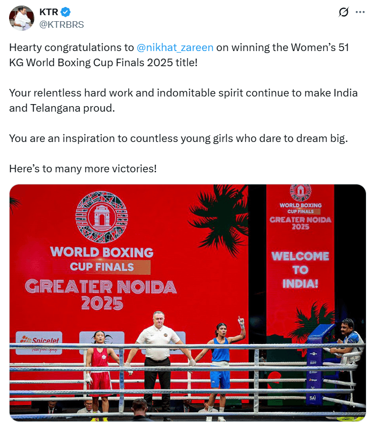 Nikhat Zareen Shines at World Cup: KTR Hails Her as Telangana’s Pride