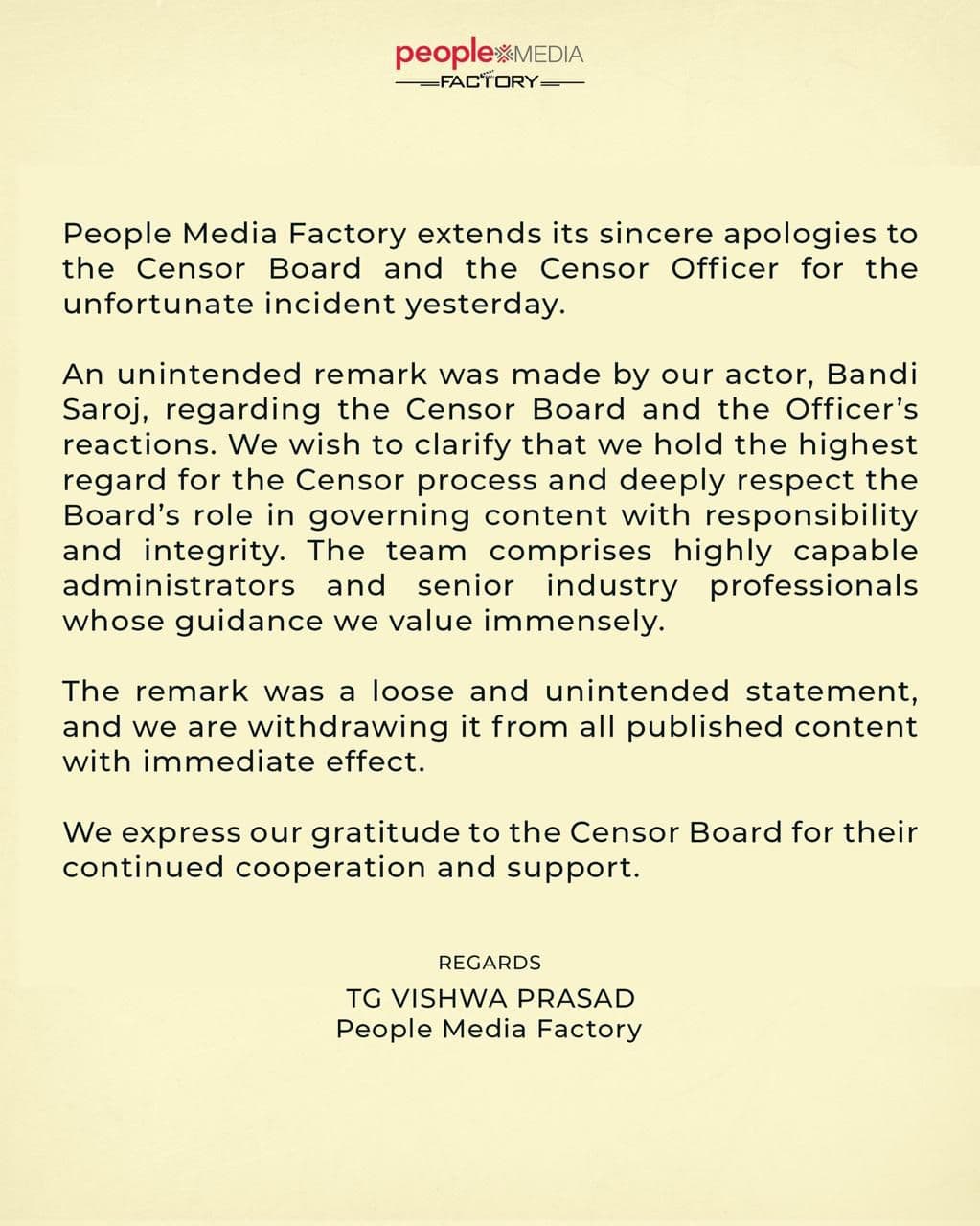 People Media Factory Apologizes for Bandi Saroj Remark
